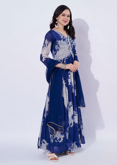 Blue Chinnon Anarkali Suit