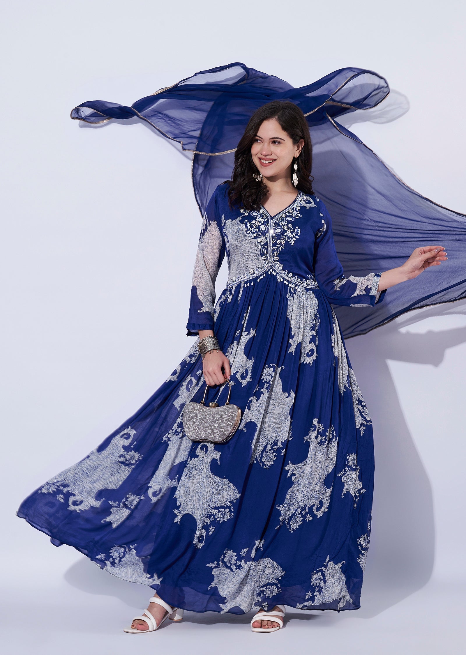 Blue Chinnon Anarkali Suit