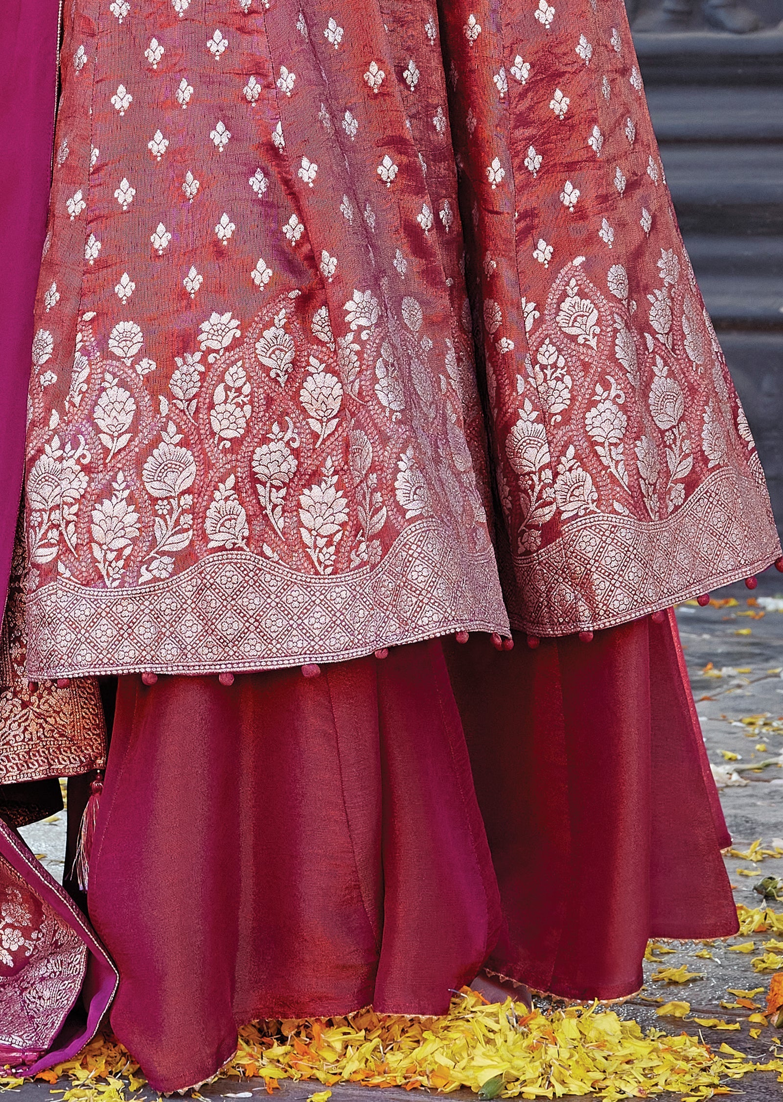 Dark pink tissue Anarkali with banarasi dupatta