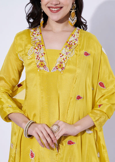 Yellow Chinnon Anarkali Suit