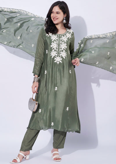 Dusty Green Chinnon Anarkali Suit