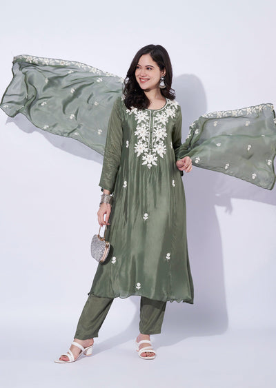 Dusty Green Chinnon Anarkali Suit