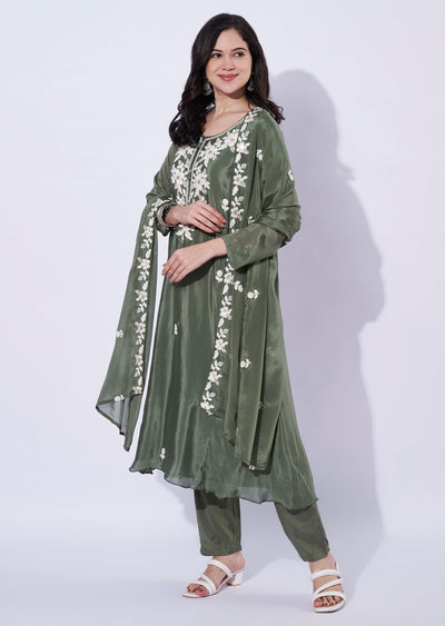 Dusty Green Chinnon Anarkali Suit