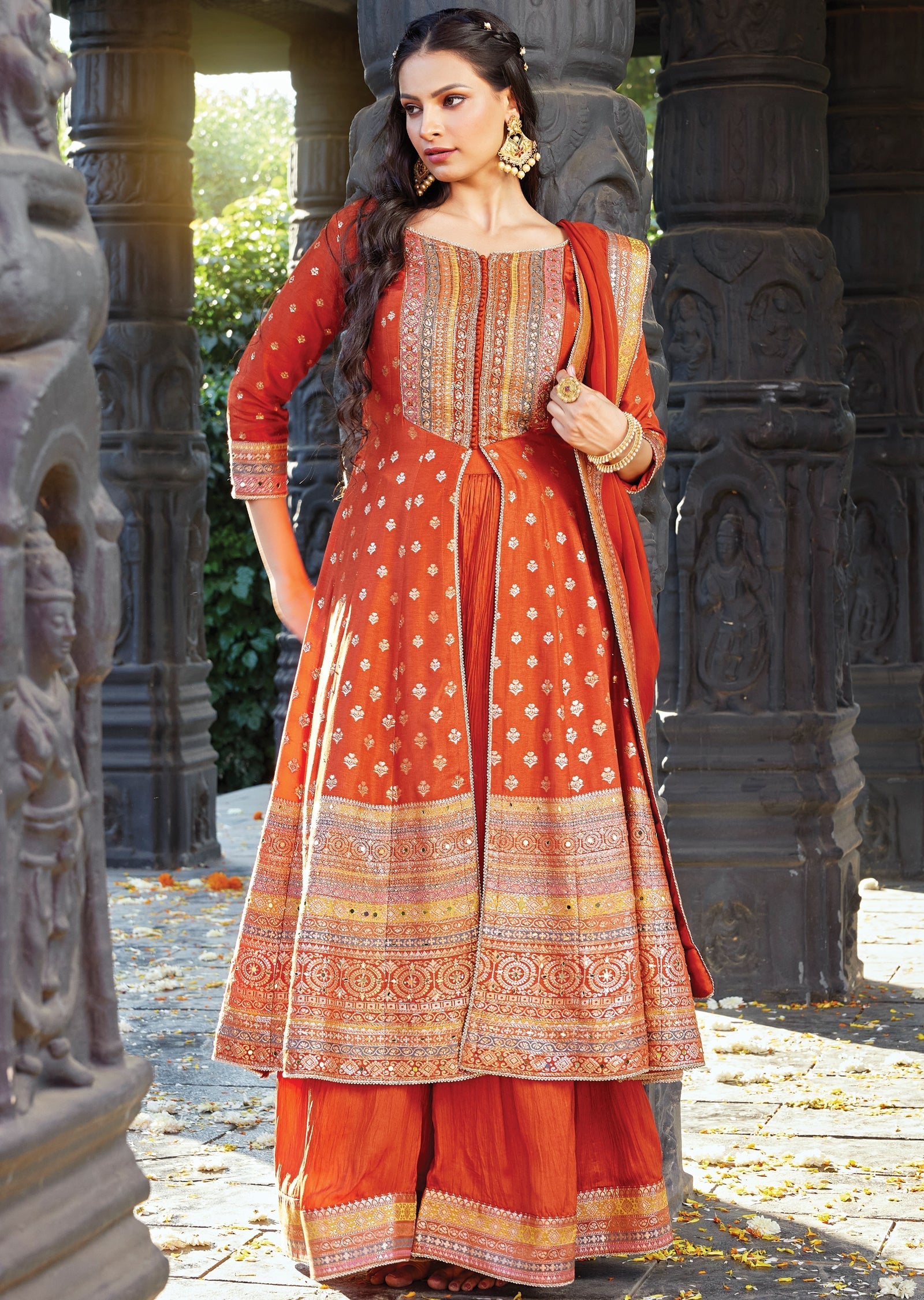 Rust orange front slit Anarkali