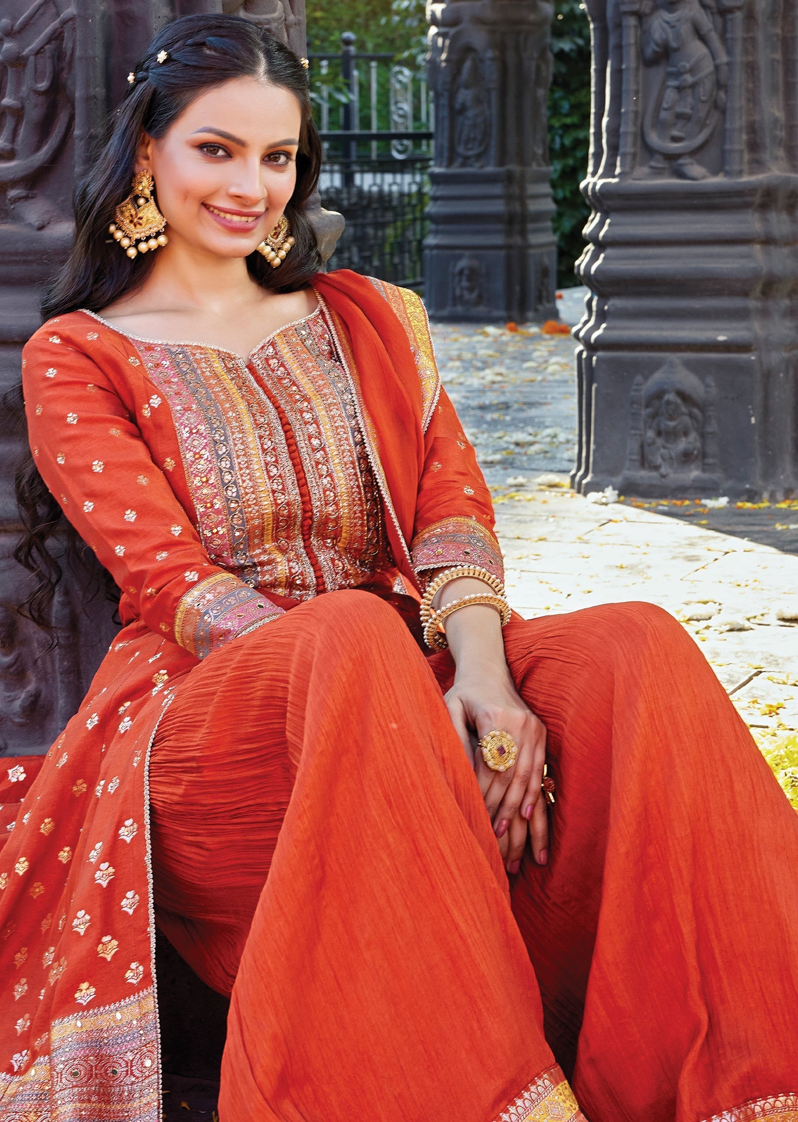 Rust orange front slit Anarkali
