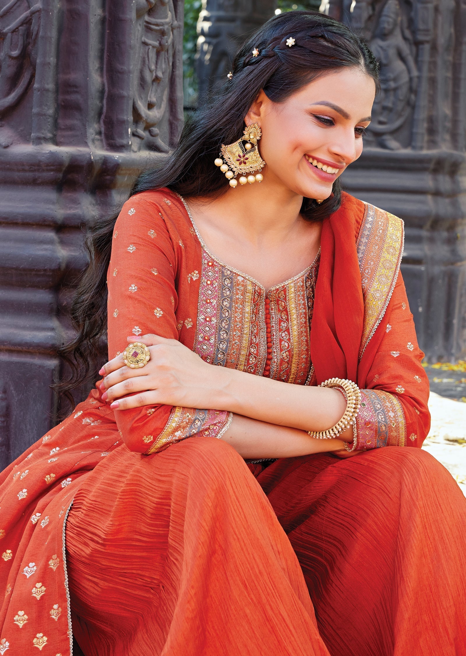 Rust orange front slit Anarkali