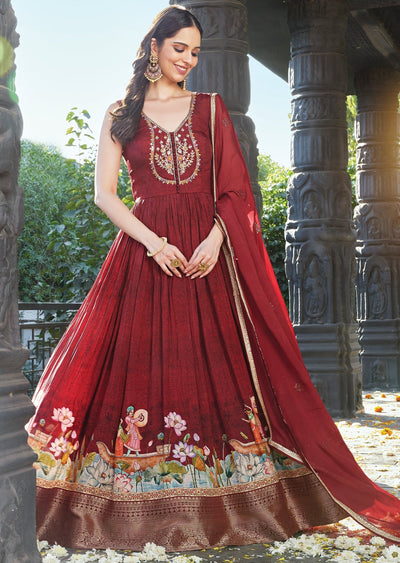 Maroon Silk Anarkali with Dupatta (set of two)