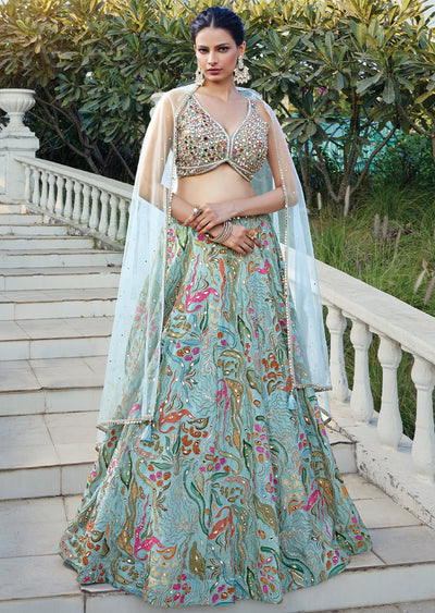 Luxury Dusty Green Chinnon Lehenga Set