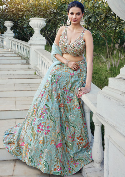 Luxury Dusty Green Chinnon Lehenga Set