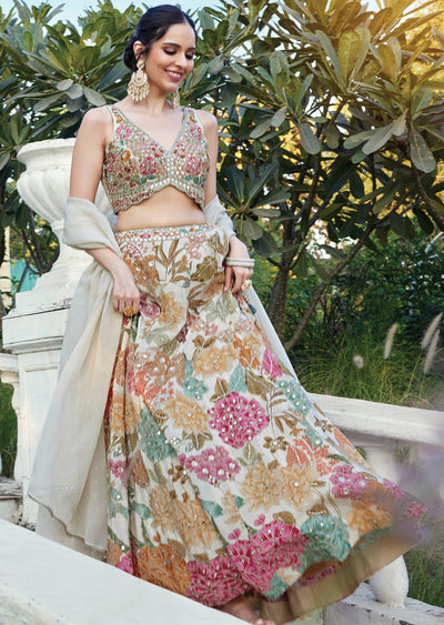 Elegent Cream Chinnon Lehenga Set