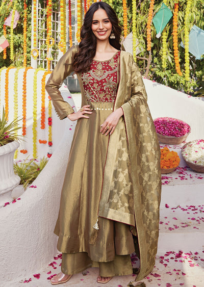 Beige Tissue Anarkali with Banaras Dupatta