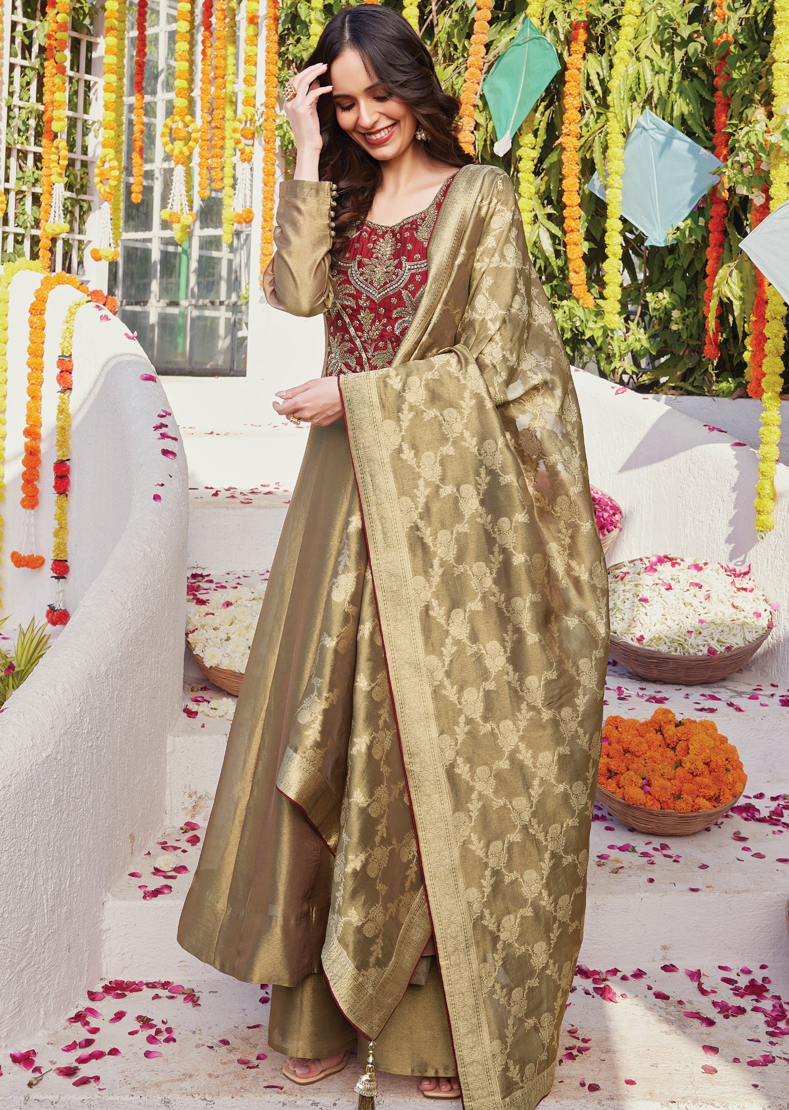 Beige Tissue Anarkali with Banaras Dupatta
