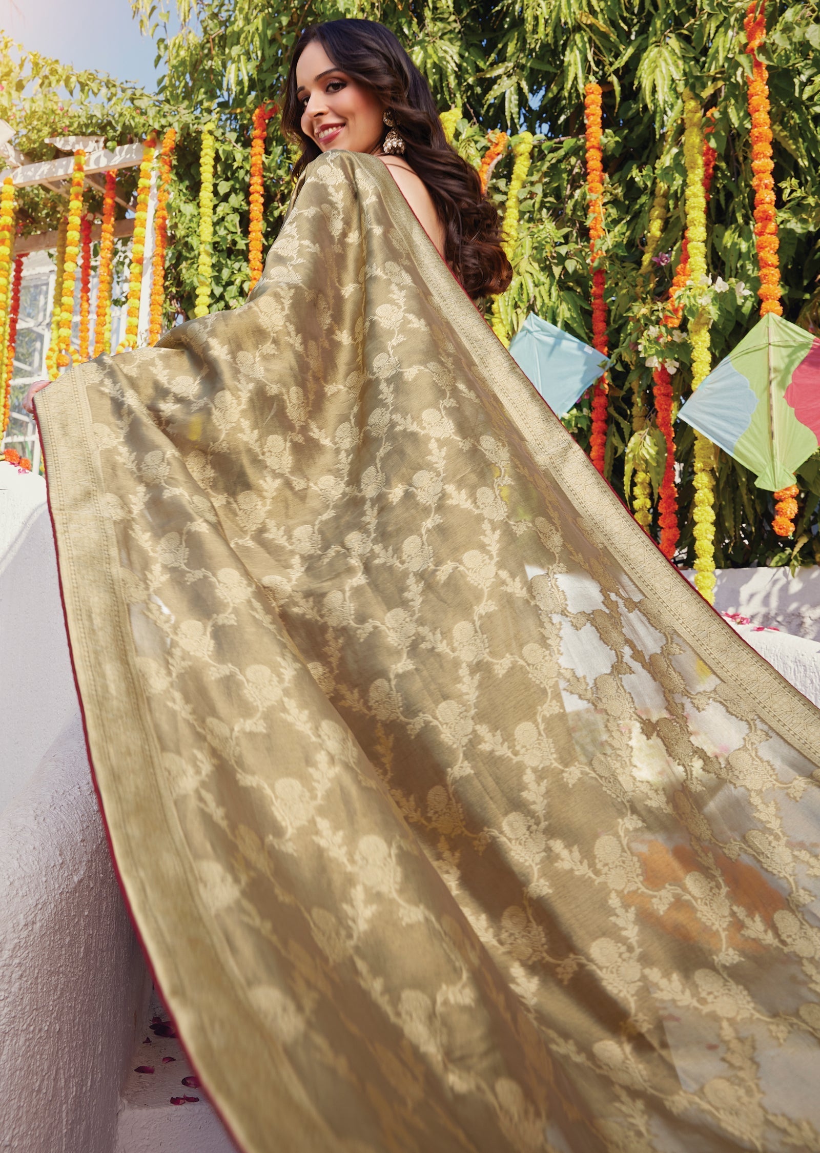 Beige Tissue Anarkali with Banaras Dupatta