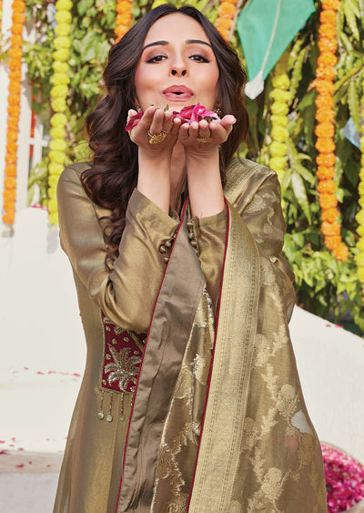 Beige Tissue Anarkali with Banaras Dupatta