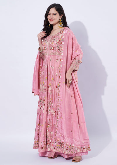 Pink Tissue Front-Slit Anarkali Suit