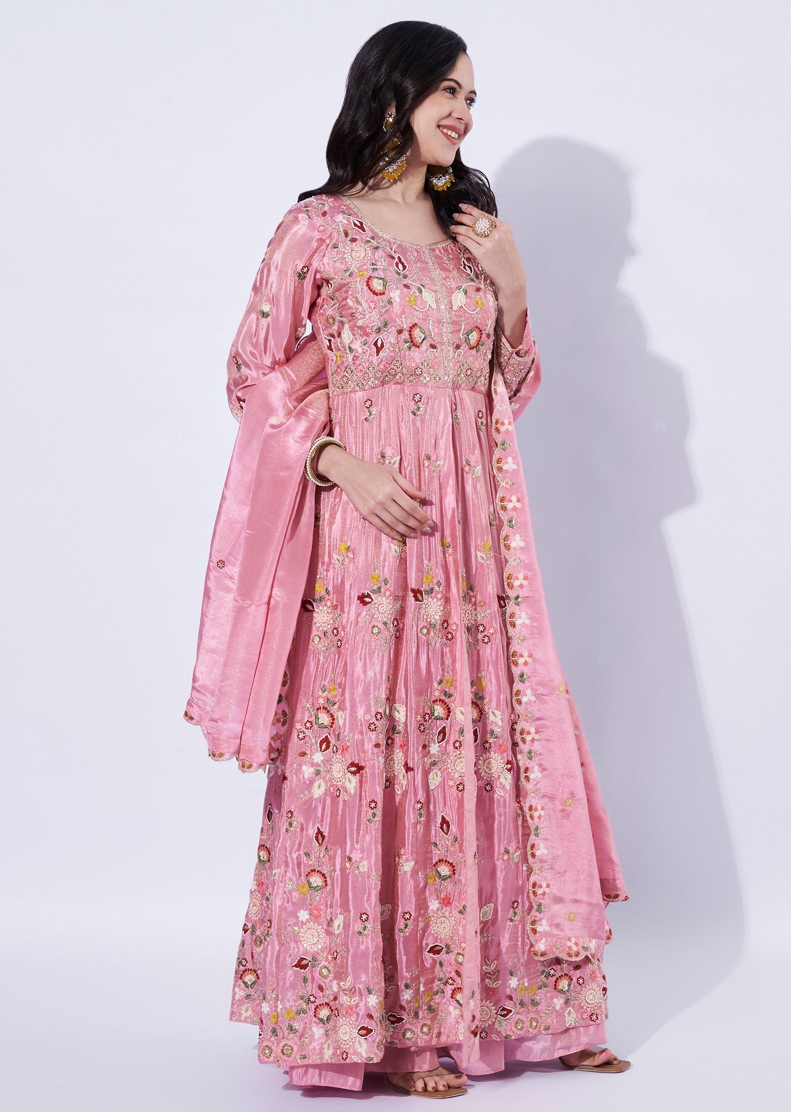 Pink Tissue Front-Slit Anarkali Suit