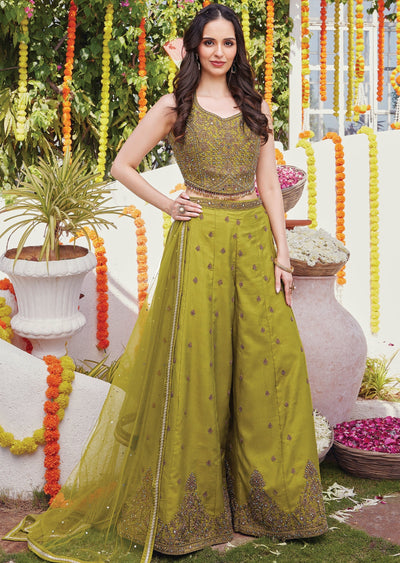 Olive green silk Sharara set