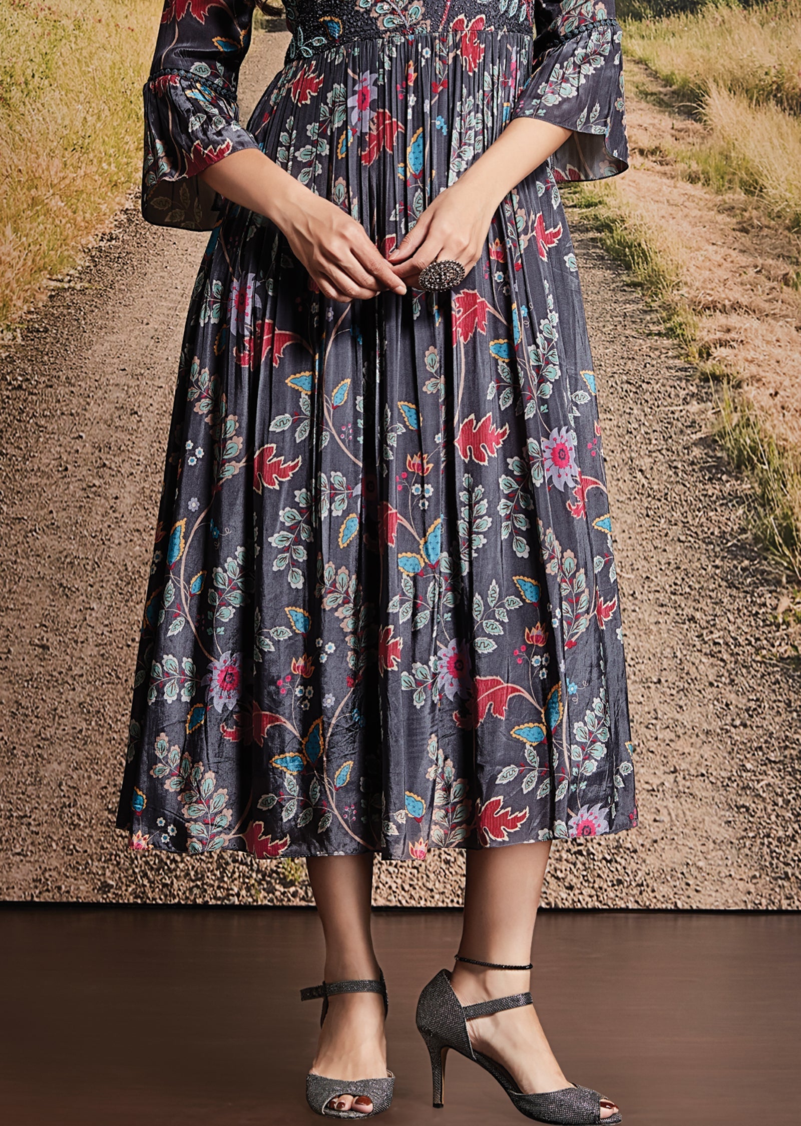 Dark Grey Crepe Frock Kurti