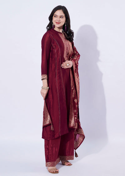 Maroon Silk A-Line Straight Cut Suit