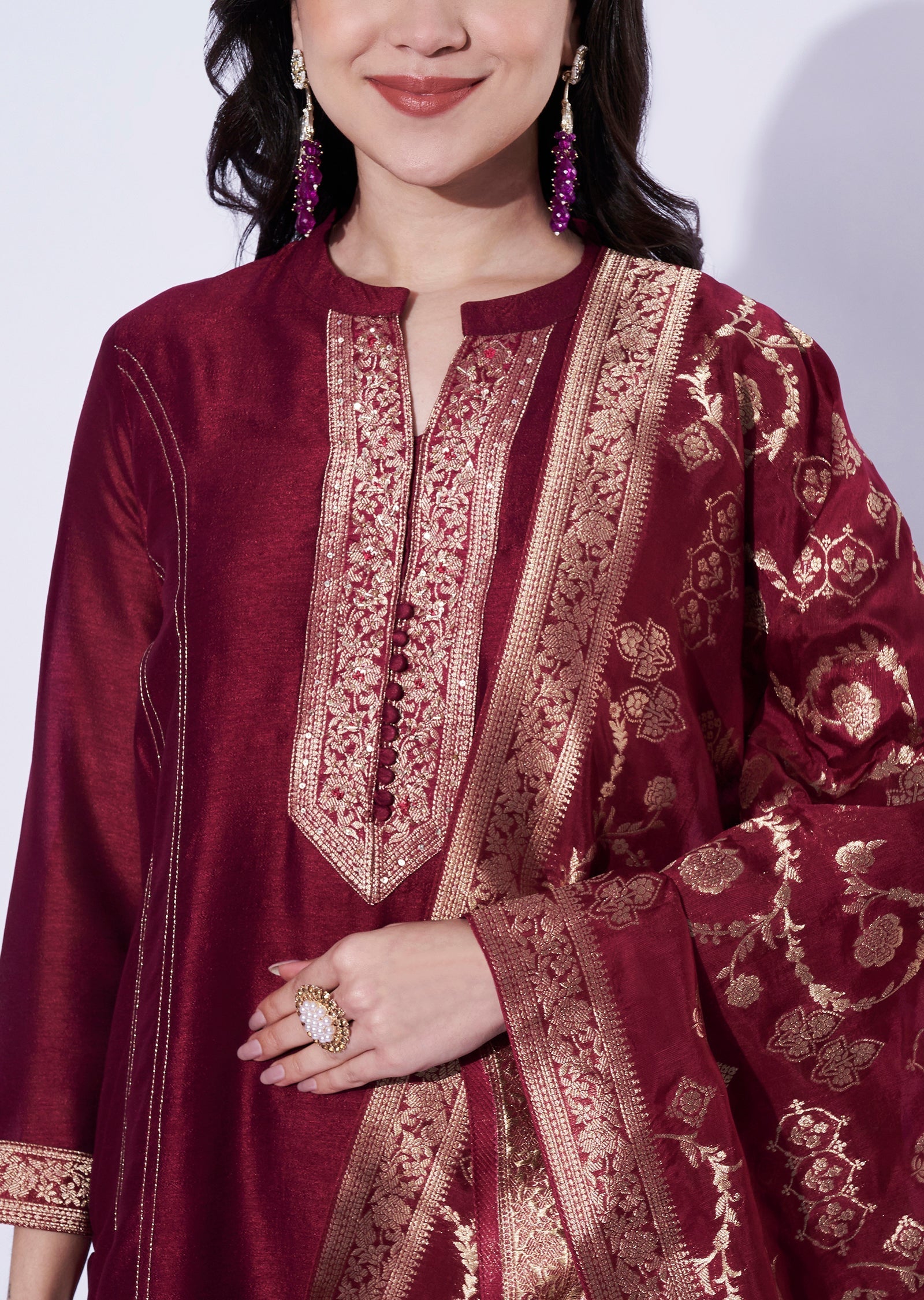 Maroon Silk A-Line Straight Cut Suit