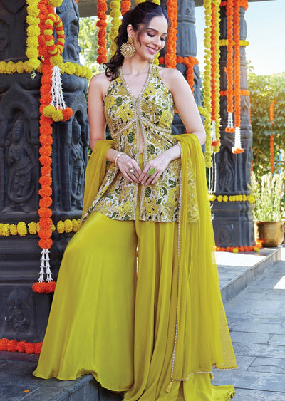 Yellow-green Chinnon Sharara set