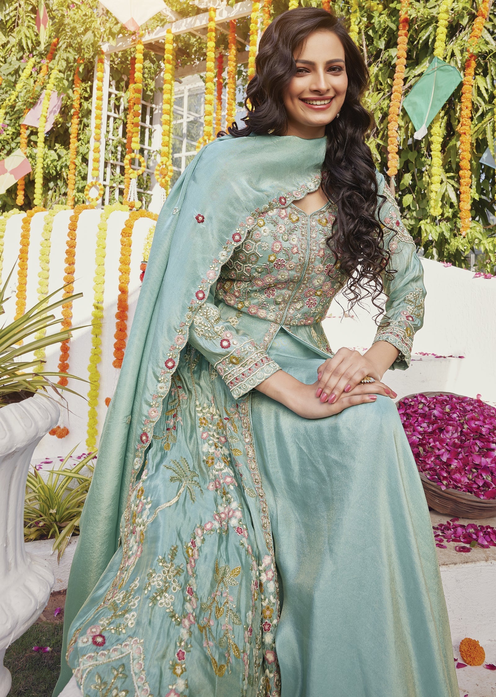 Blue Tissue Front-Slit Anarkali & lehenga set
