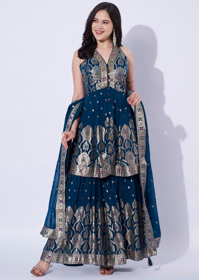 Teal Blue Georgette Front-Slit anarkali and gharara set