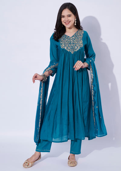 Blue Mul Chanderi Anarkali