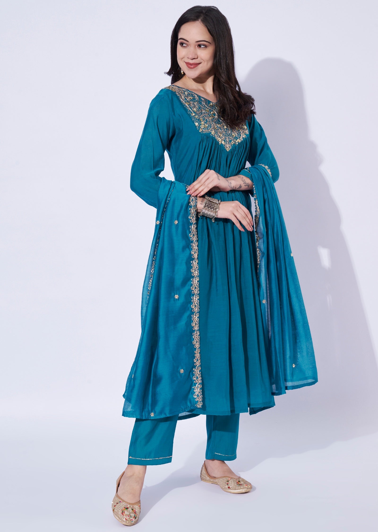 Blue Mul Chanderi Anarkali