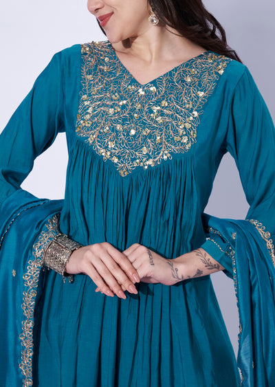 Blue Mul Chanderi Anarkali
