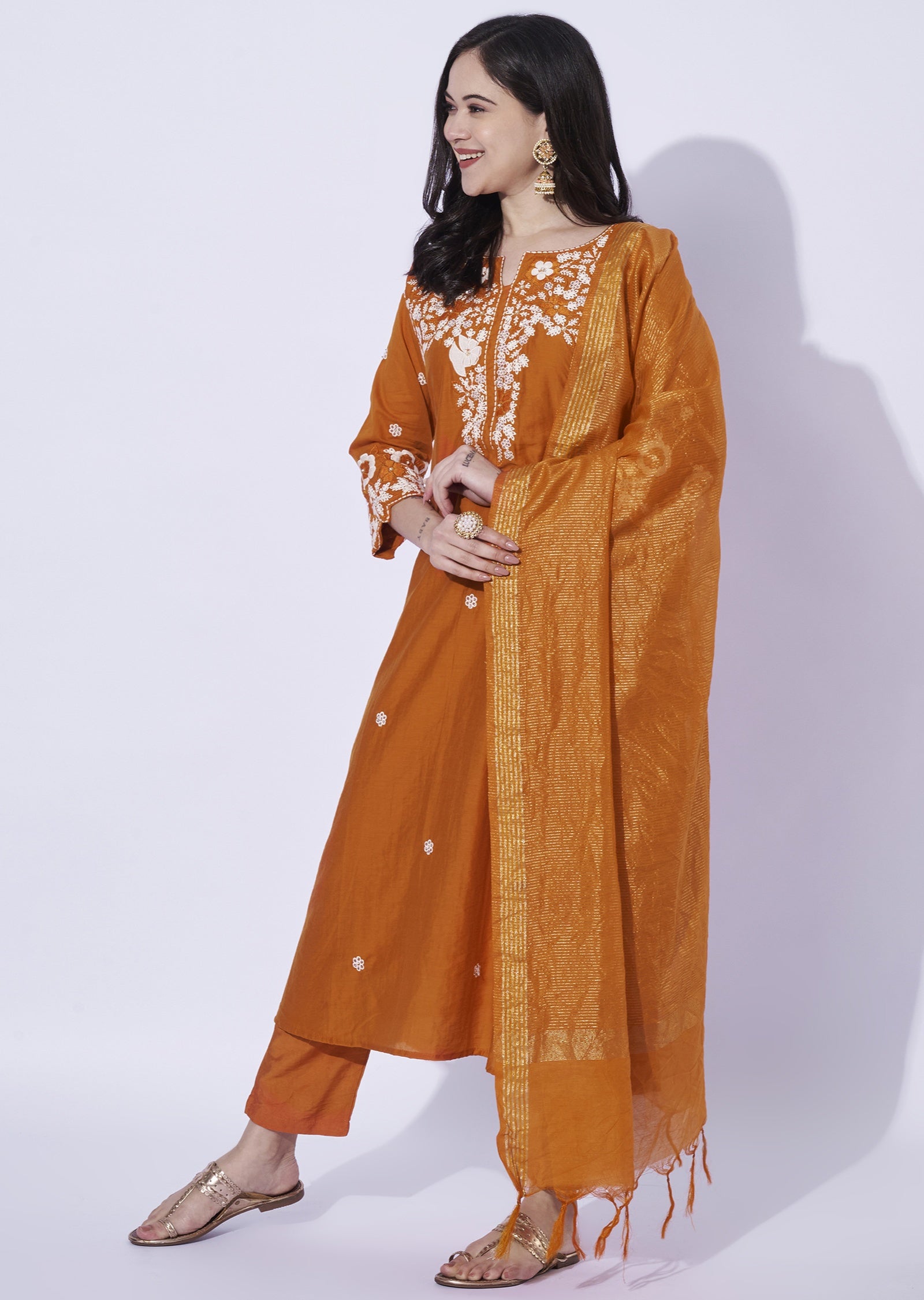 Rust Mul Chanderi Anarkali Suit