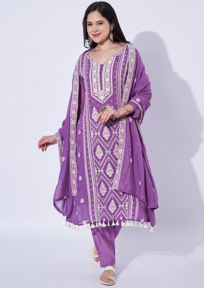 Purple Mul Chanderi Anarkali Suit