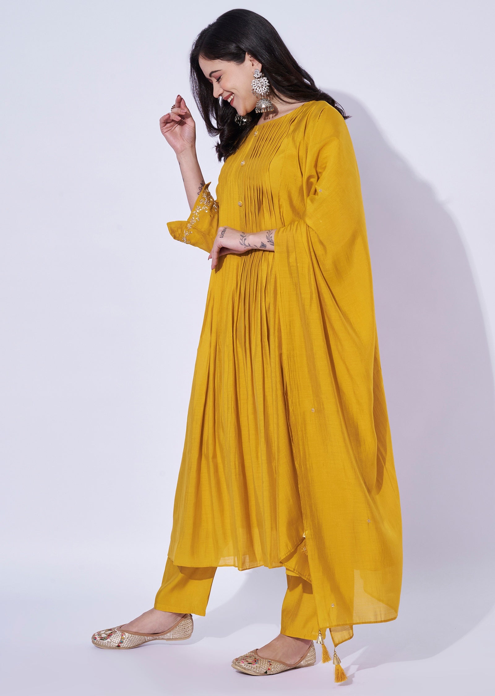 Yellow Mul Chanderi Anarkali Suit