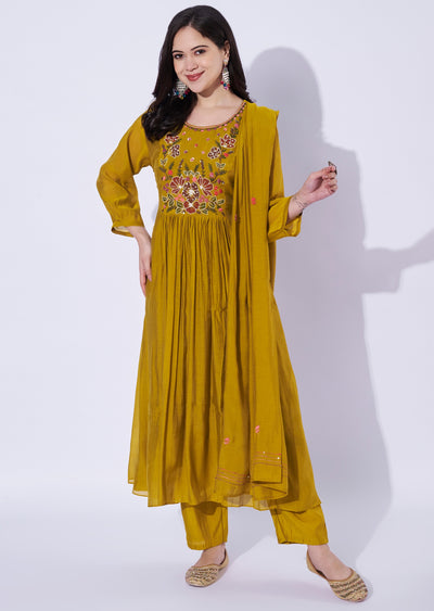 Mustard yellow Mul Chanderi Anarkali