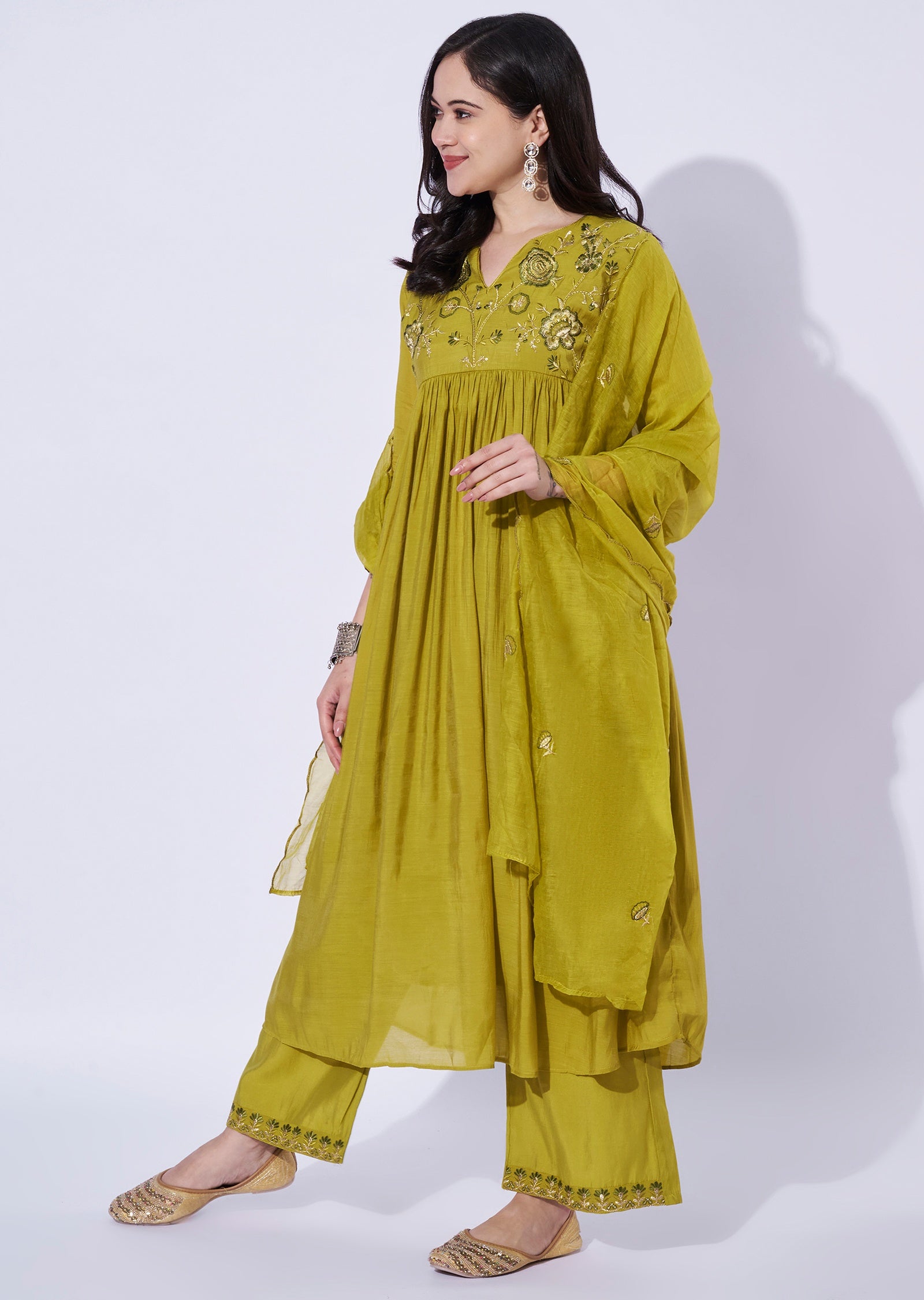 Green Mul Chanderi Anarkali