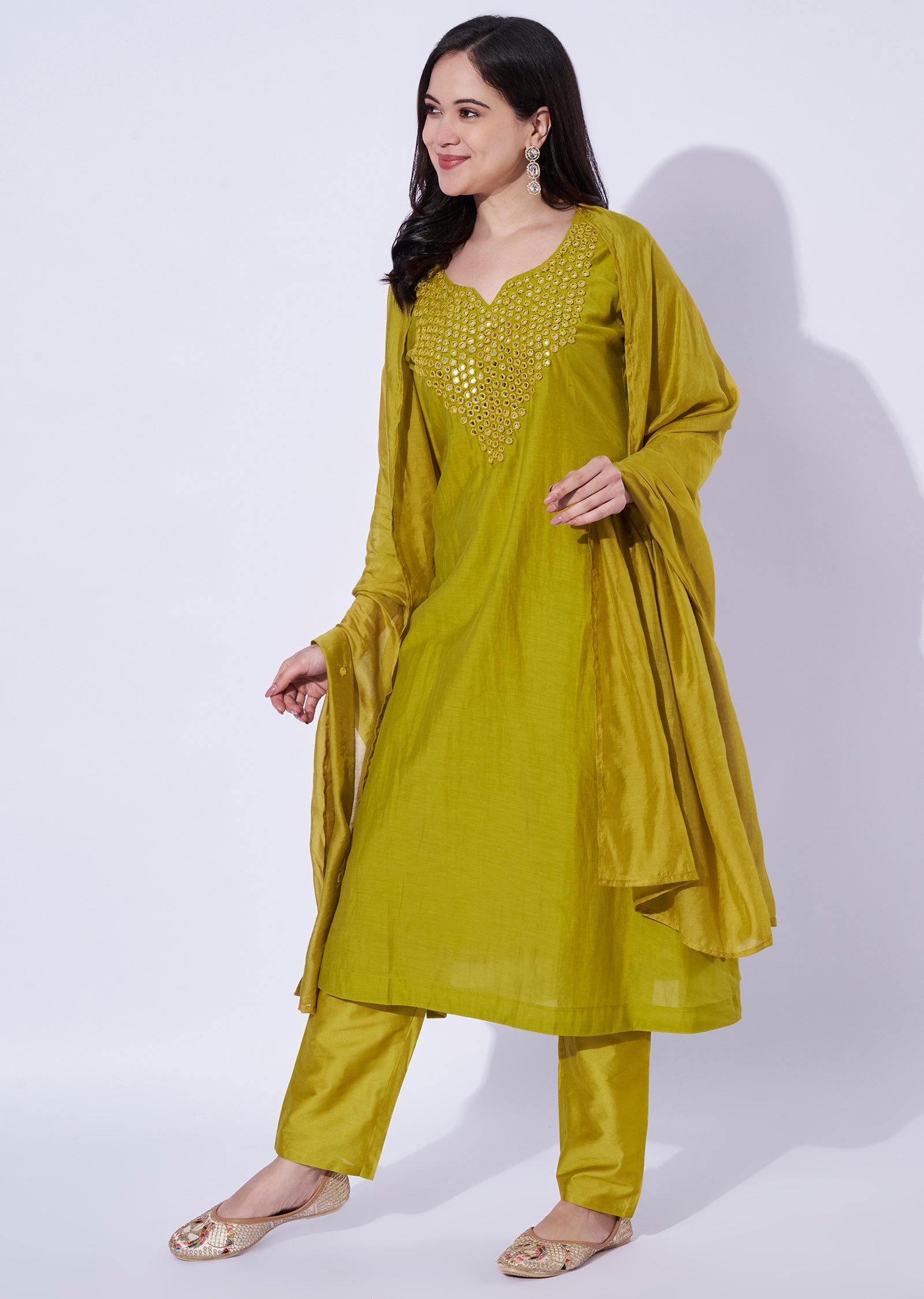 Lime Green Mul Chanderi Anarkali Suit