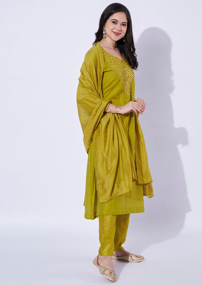 Lime Green Mul Chanderi Anarkali Suit