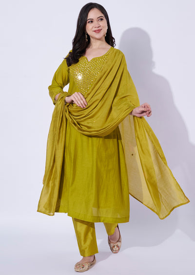 Lime Green Mul Chanderi Anarkali Suit