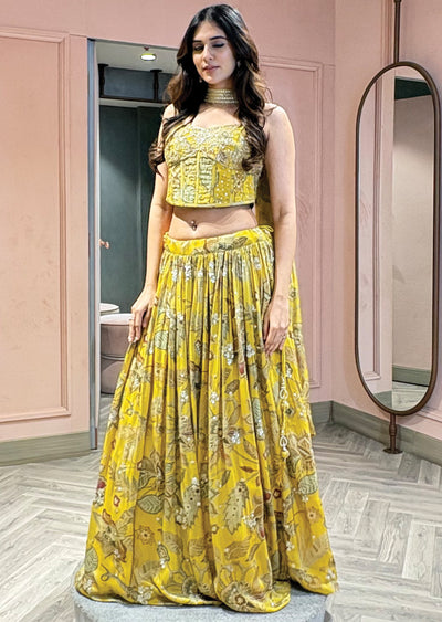 Mustard yellow floral printed corset lehenga