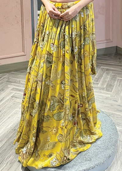 Mustard yellow floral printed corset lehenga