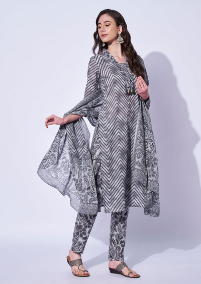 Grey Cotton Straight Cut Kurti Set