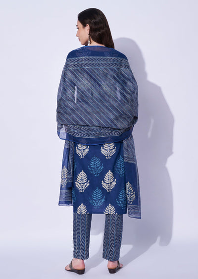 Blue Cotton Straight Cut Kurti Set