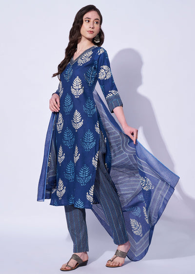 Blue Cotton Straight Cut Kurti Set