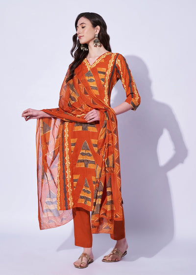 Rust Cotton Straight Cut Kurti Set