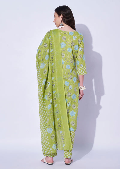 Parrot Green Cotton Straight Cut Kurti Set