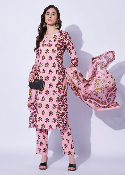 Pink Cotton Straight Cut Kurti Set