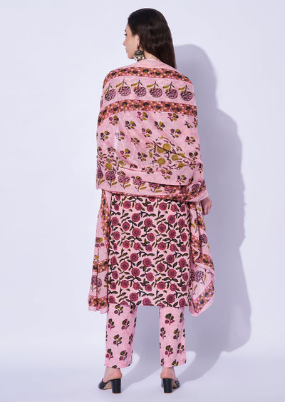 Pink Cotton Straight Cut Kurti Set