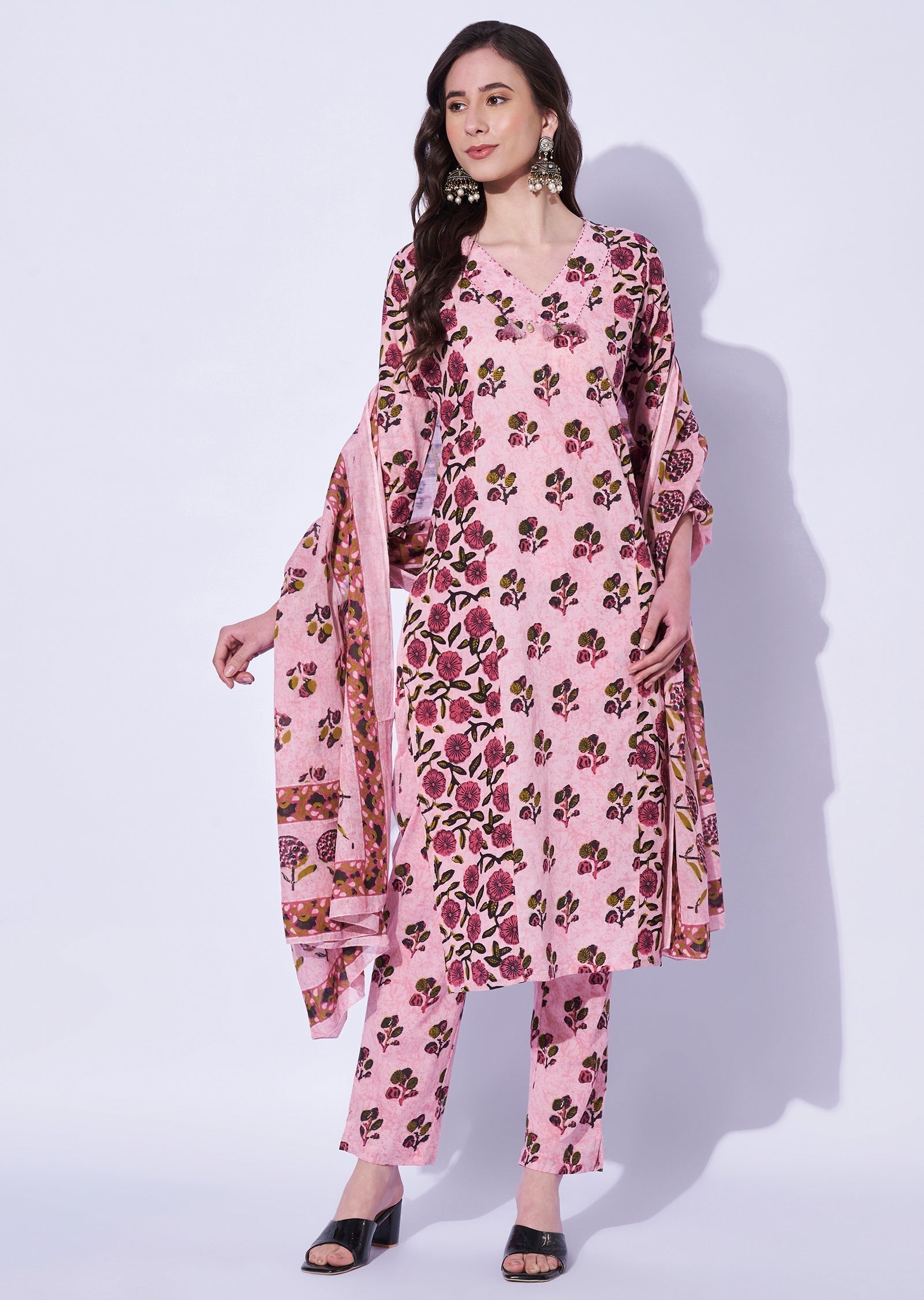 Pink Cotton Straight Cut Kurti Set