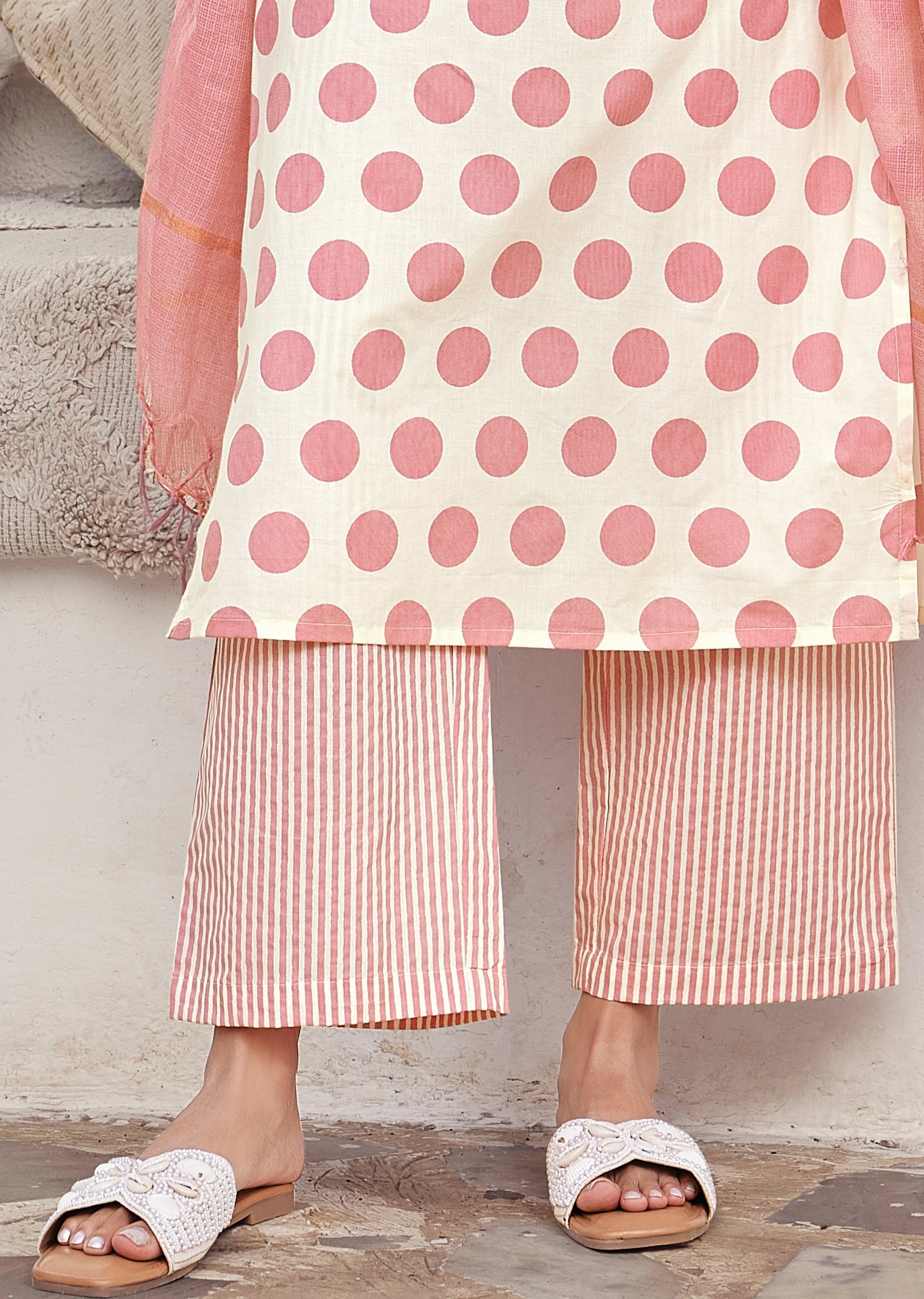 Pink Cotton Straight cut kurti Set
