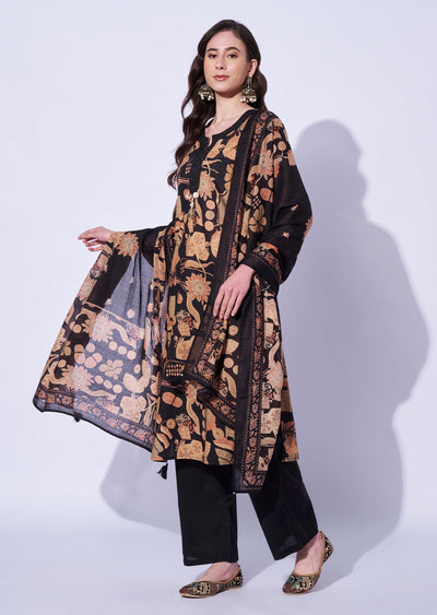 Black Cotton Straight Cut Kurti Set